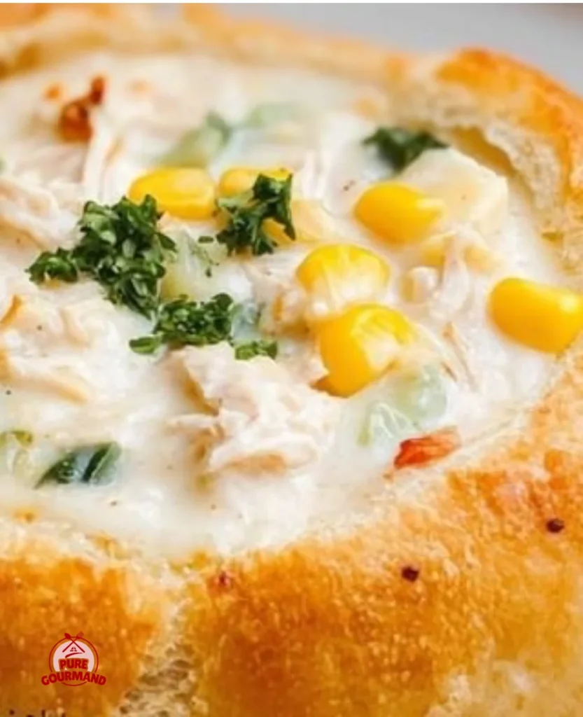 Freshly baked bread bowl filled with soup and garnished with herbs