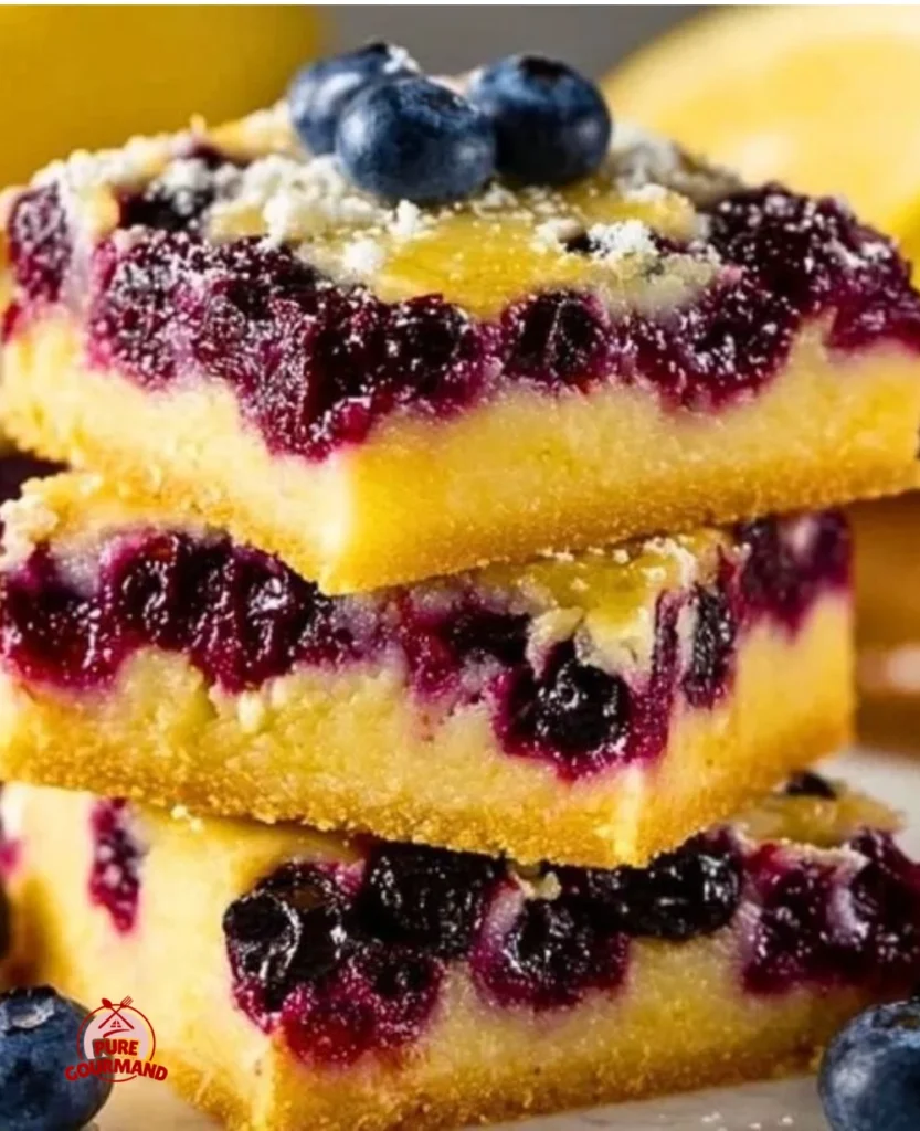 Bright lemon blueberry bars topped with fresh blueberries and lemon zest.