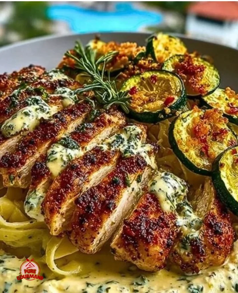 Bright Lemon Dill Chicken Alfredo with roasted red pepper whipped feta and crispy zucchini