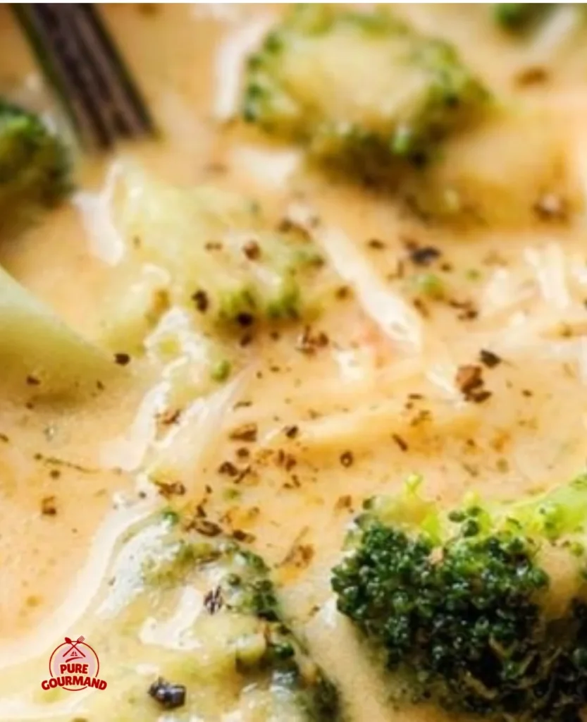 Bowl of creamy broccoli cheese soup topped with cheese and fresh broccoli