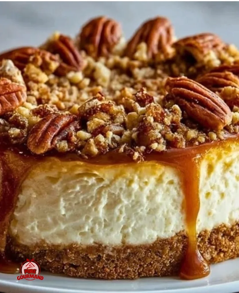 Delicious browned butter pecan cheesecake topped with caramel and pecans.