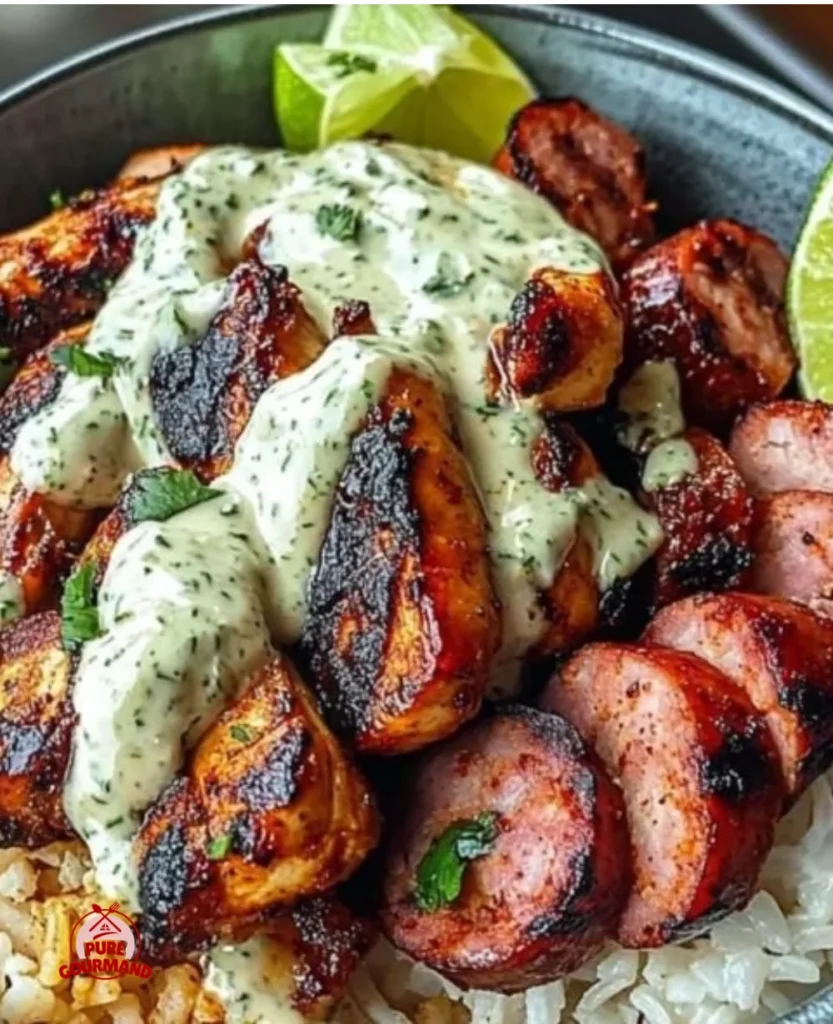 Cajun Chicken and Sausage drizzled with creamy cilantro sauce on a plate.