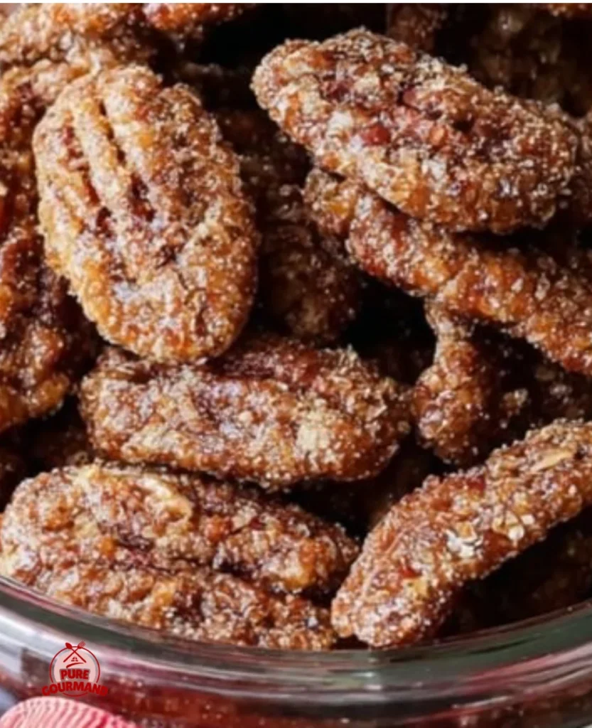 Delicious homemade candied pecans in a bowl, perfect for snacking.