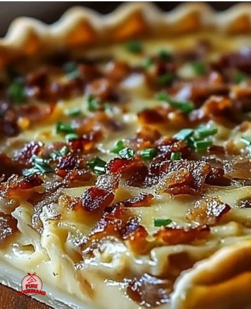 Delicious caramelized onion and bacon quiche fresh from the oven