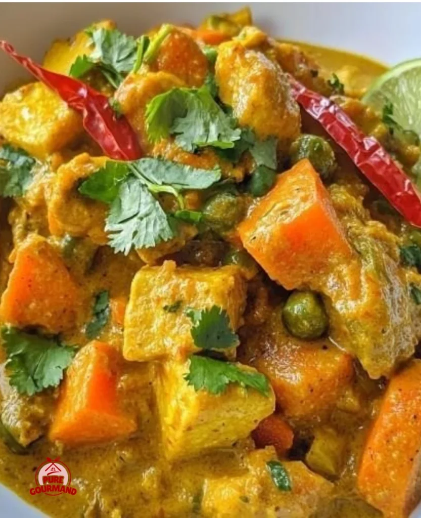 A vibrant bowl of Caribbean vegetable curry with colorful vegetables and spices.