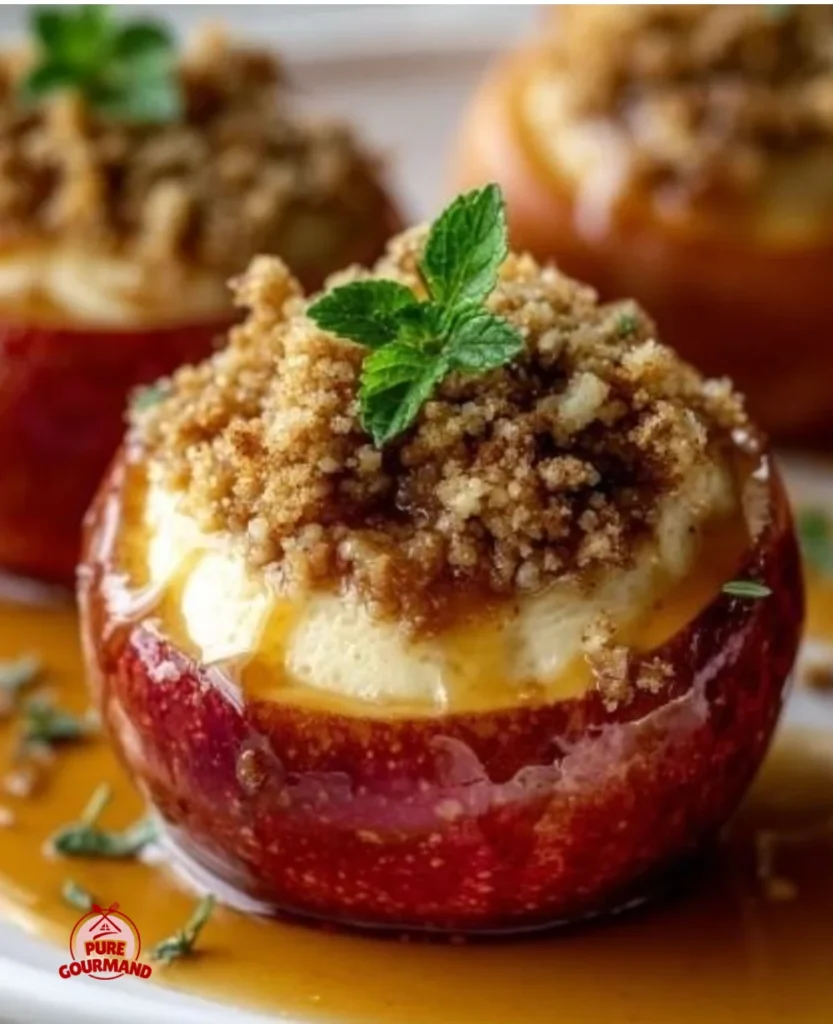 Cheesecake stuffed baked apples topped with caramel and nuts
