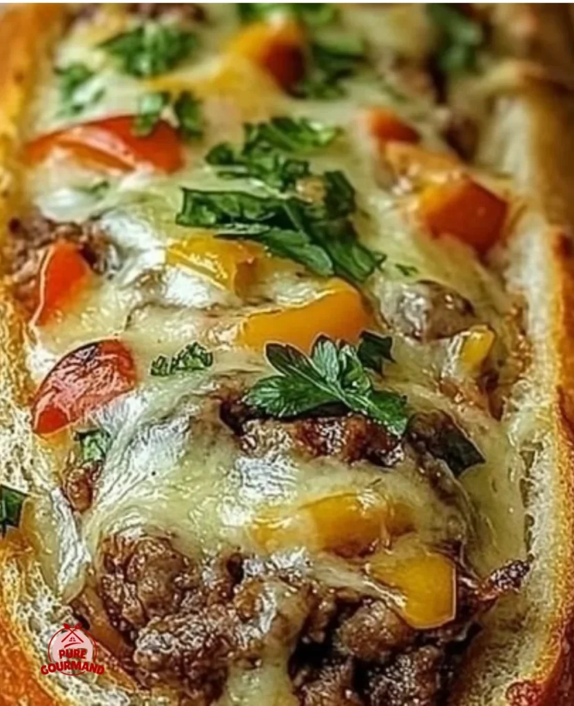 Cheesesteak-stuffed garlic bread on a wooden platter with herbs