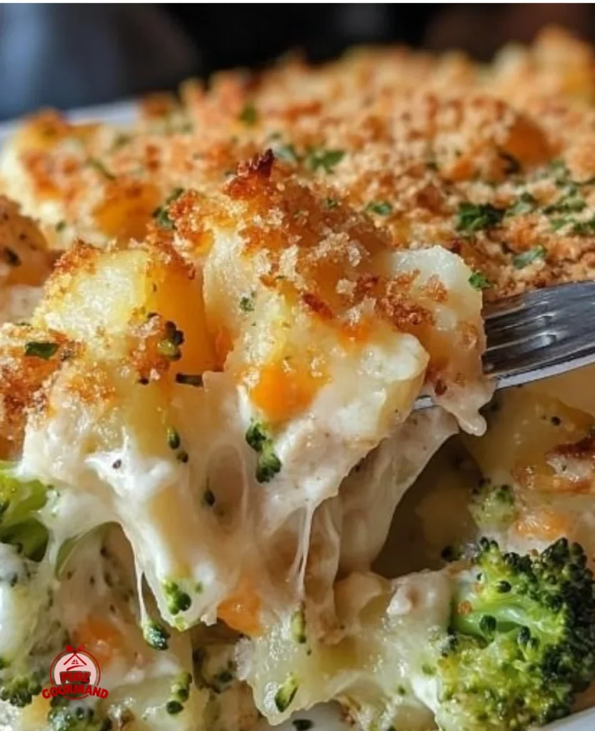 Cheesy Chicken & Broccoli Baked Potato Casserole served in a bowl