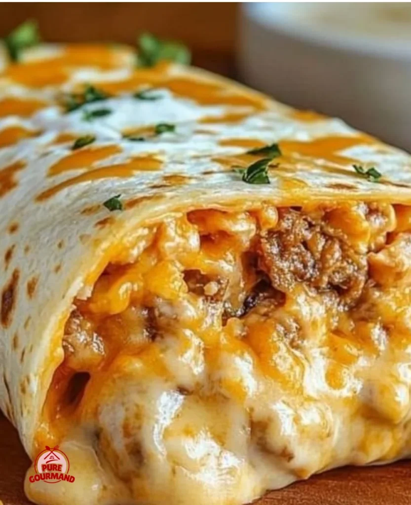 Cheesy grilled cheese burrito wrapped in a crispy tortilla, showcasing melty cheese.