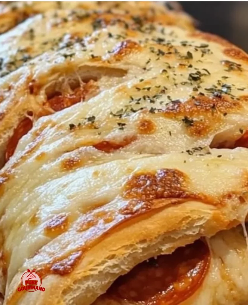 Cheesy Pepperoni Stromboli with melted cheese and pepperoni filling