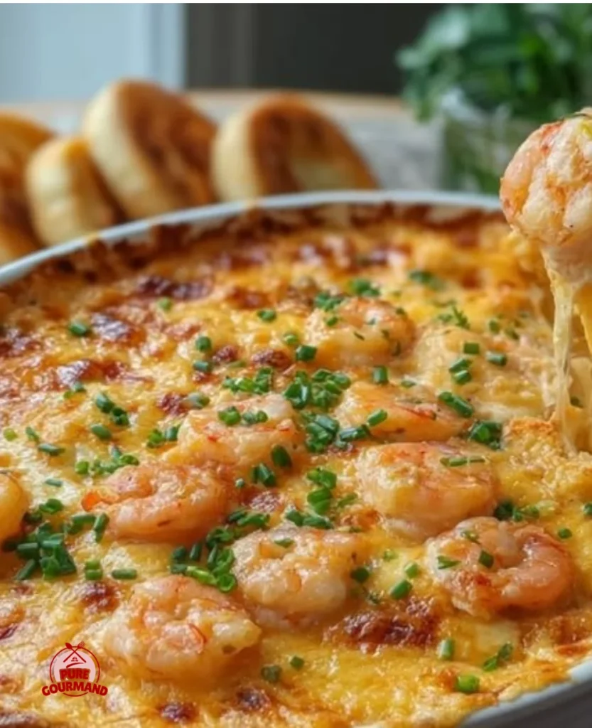 Cheesy shrimp and crab dip served in a baking dish with herbs and crackers.