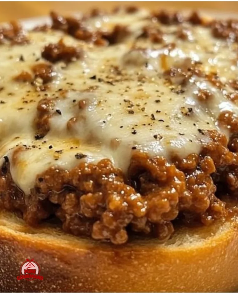 Cheesy Sloppy Joe Garlic Toast served on a rustic plate, garnished with herbs.