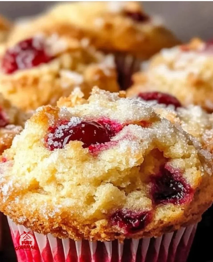 Freshly baked cherry muffins with plump cherries on top