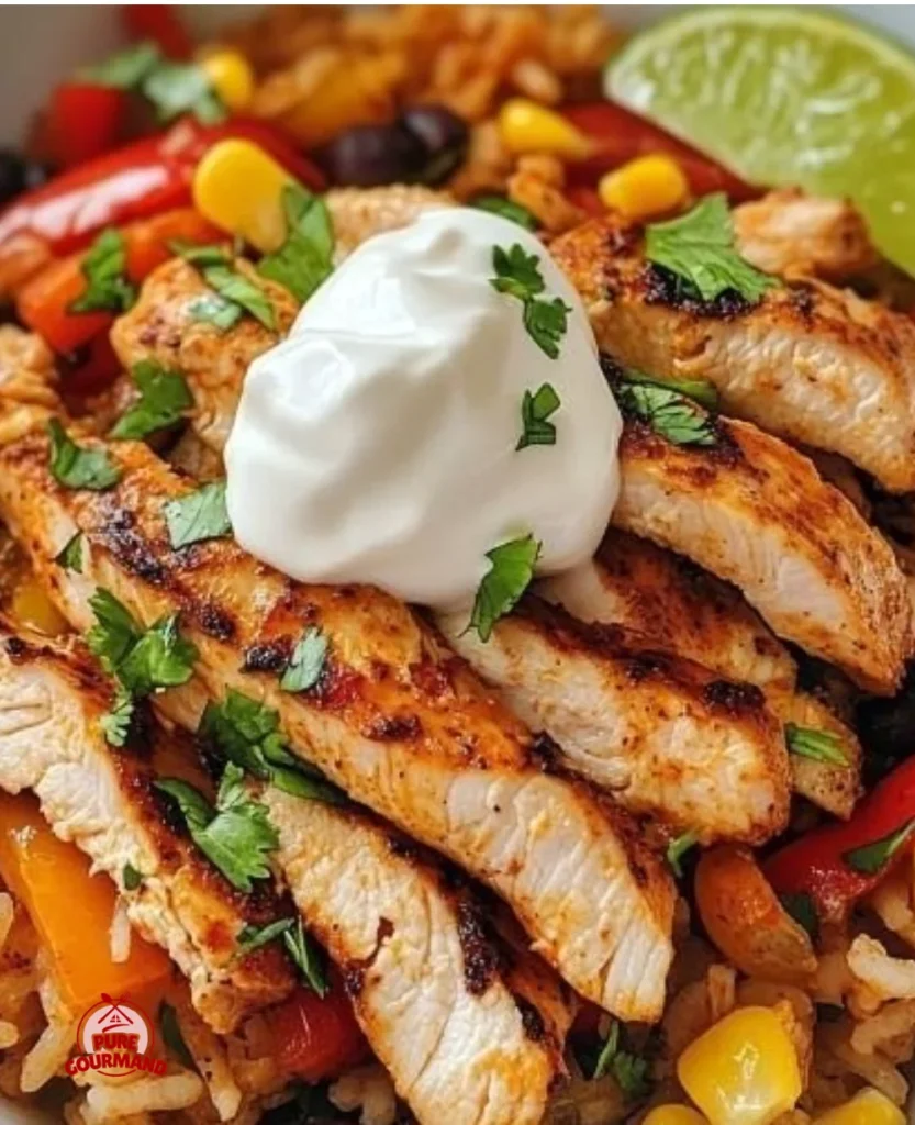 Delicious Chicken Fajita Rice Bowl garnished with fresh vegetables.