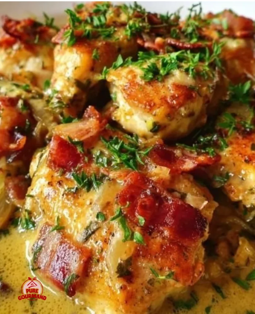 Delicious Chicken Fricassée with Shallots and Bacon served in a bowl