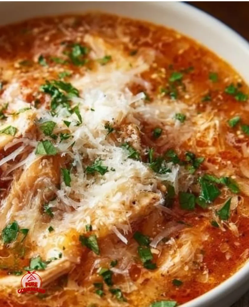 Delicious Chicken Parmesan Soup served in a bowl with fresh herbs and cheese