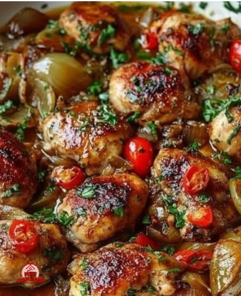 Delicious Chicken Scarpariello dish served with peppers and herbs
