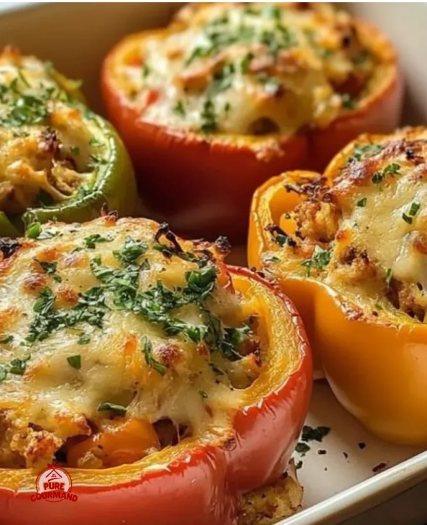 Colorful Chicken Stuffed Peppers filled with shredded chicken and vegetables
