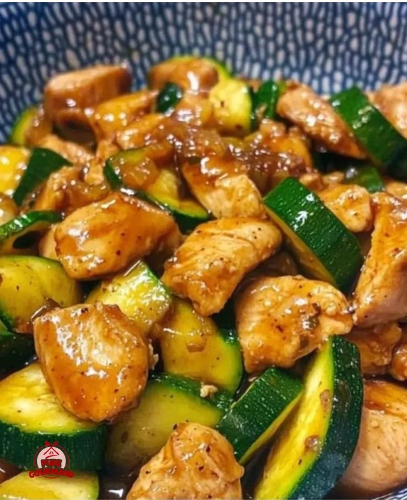 Delicious chicken zucchini stir fry served in a bowl with colorful vegetables