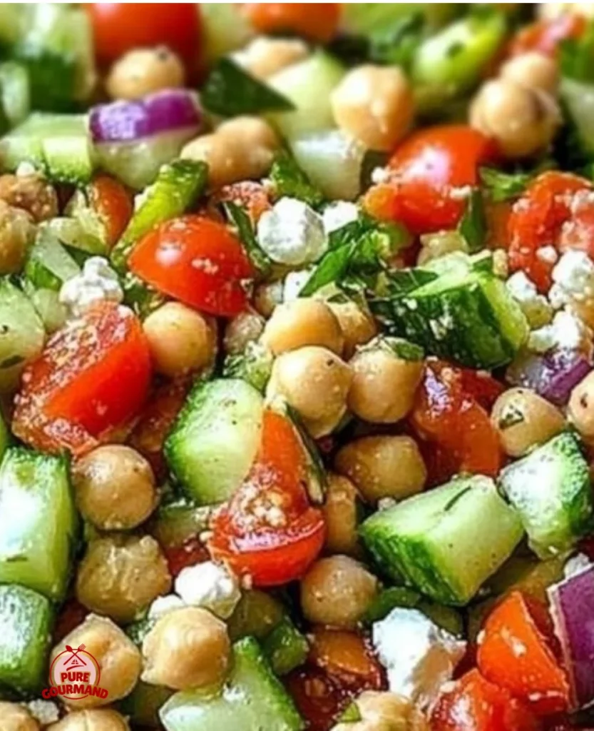 Chickpea cucumber salad with feta and tomatoes in a colorful bowl