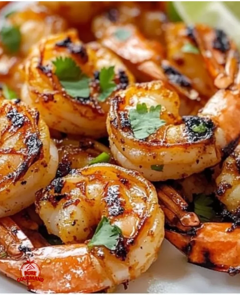 Plated Chili Lime Shrimp garnished with fresh lime and cilantro on a wooden table