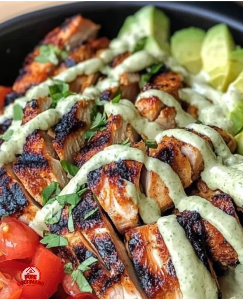 Chipotle Lime Chicken Bowl topped with Avocado Crema and fresh ingredients.