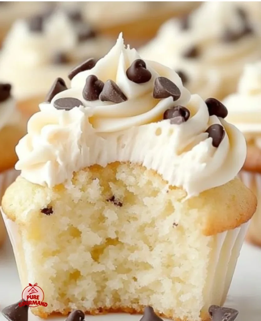 Freshly baked chocolate chip cupcakes topped with chocolate chips and icing.