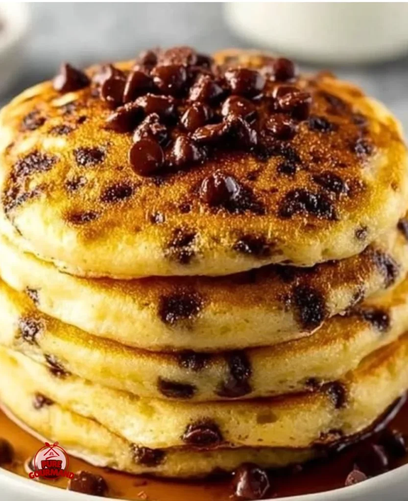 Stack of delicious chocolate chip pancakes with syrup