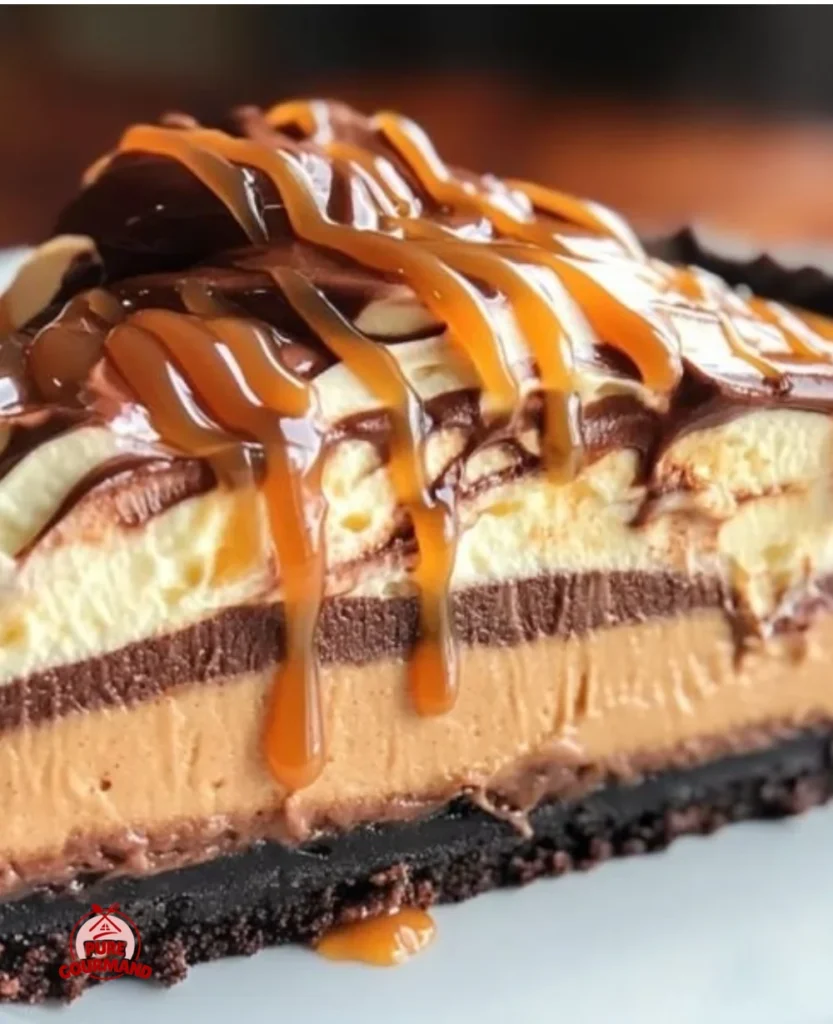 Delicious Chocolate Peanut Butter Caramel Mousse Pie slice on a plate