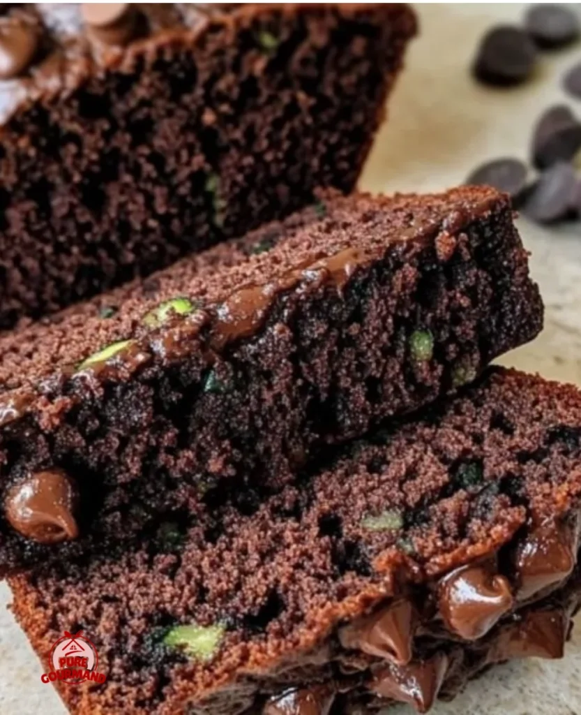 Loaf of decadent chocolate zucchini bread with rich chocolate and zucchini slices
