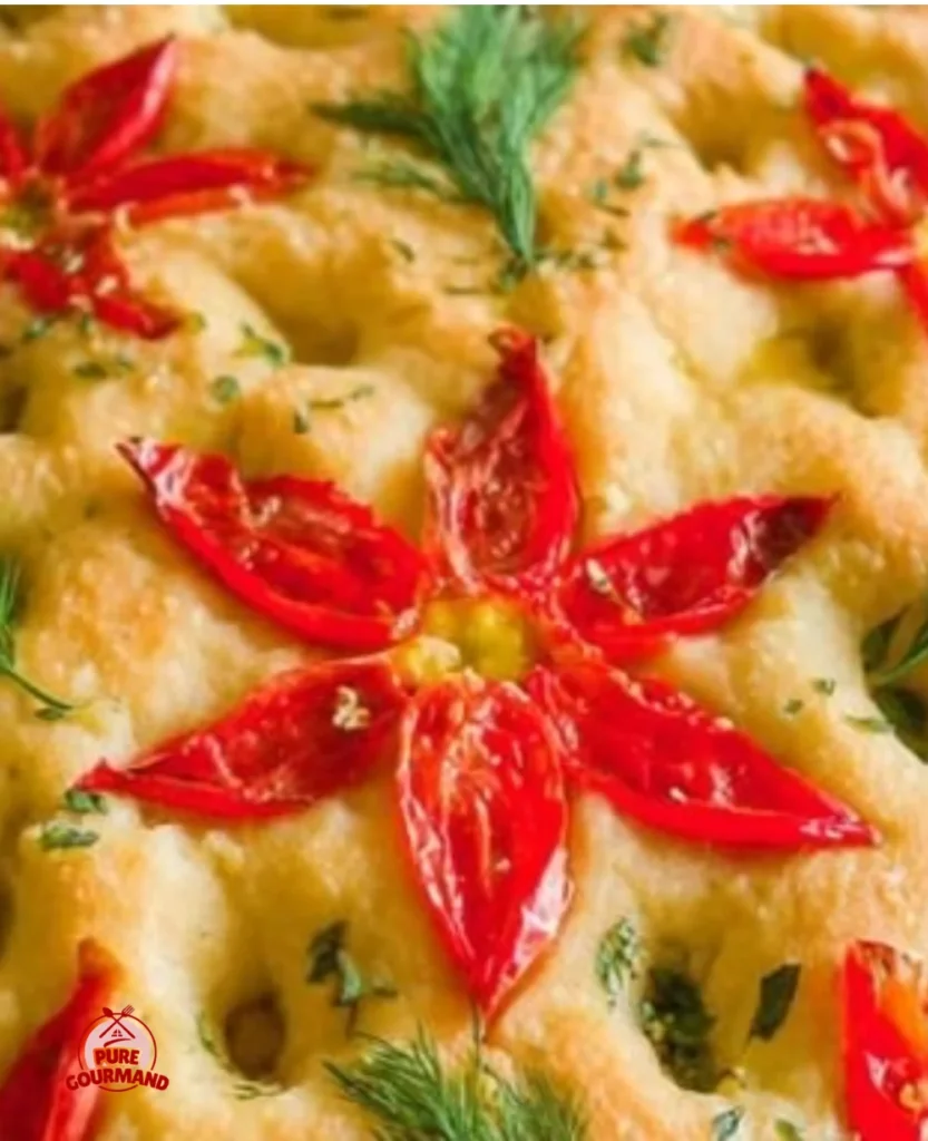 Beautifully decorated Christmas Poinsettia Focaccia bread fresh from the oven.