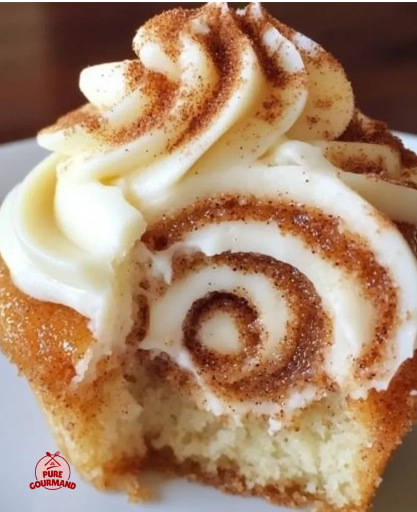 Delicious cinnamon roll cupcakes with creamy frosting and cinnamon swirls