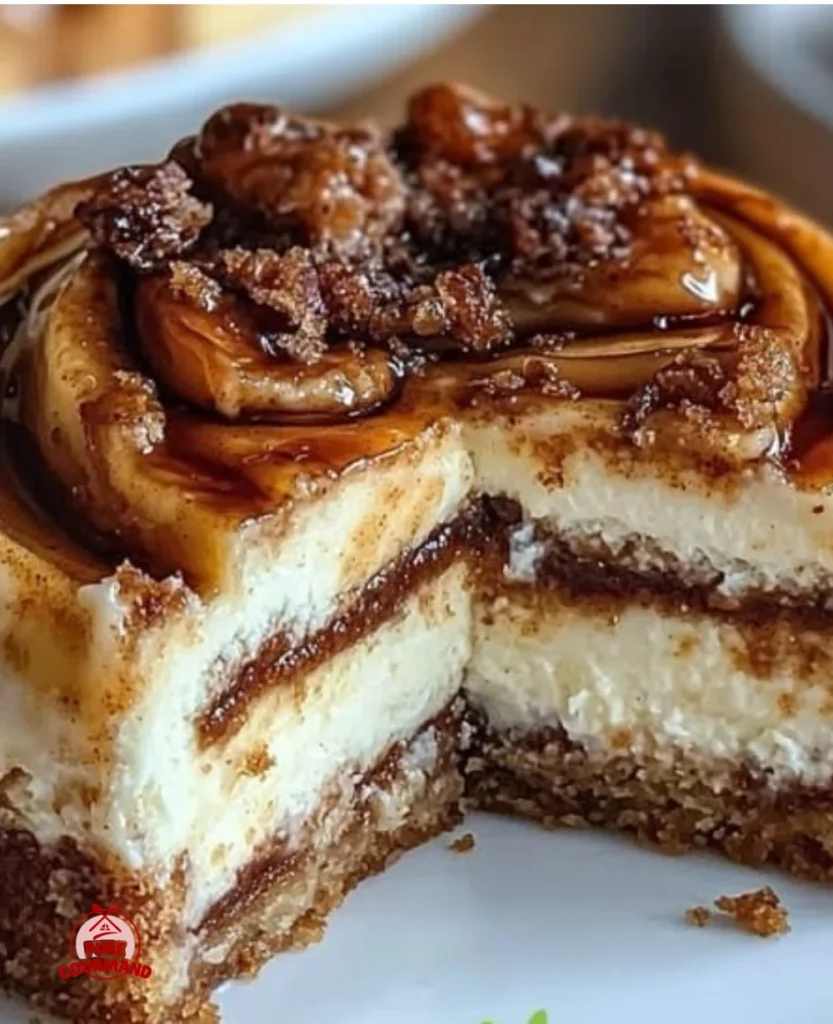 Slice of delicious Cinnamon Roll Honeybun Cheesecake on a plate
