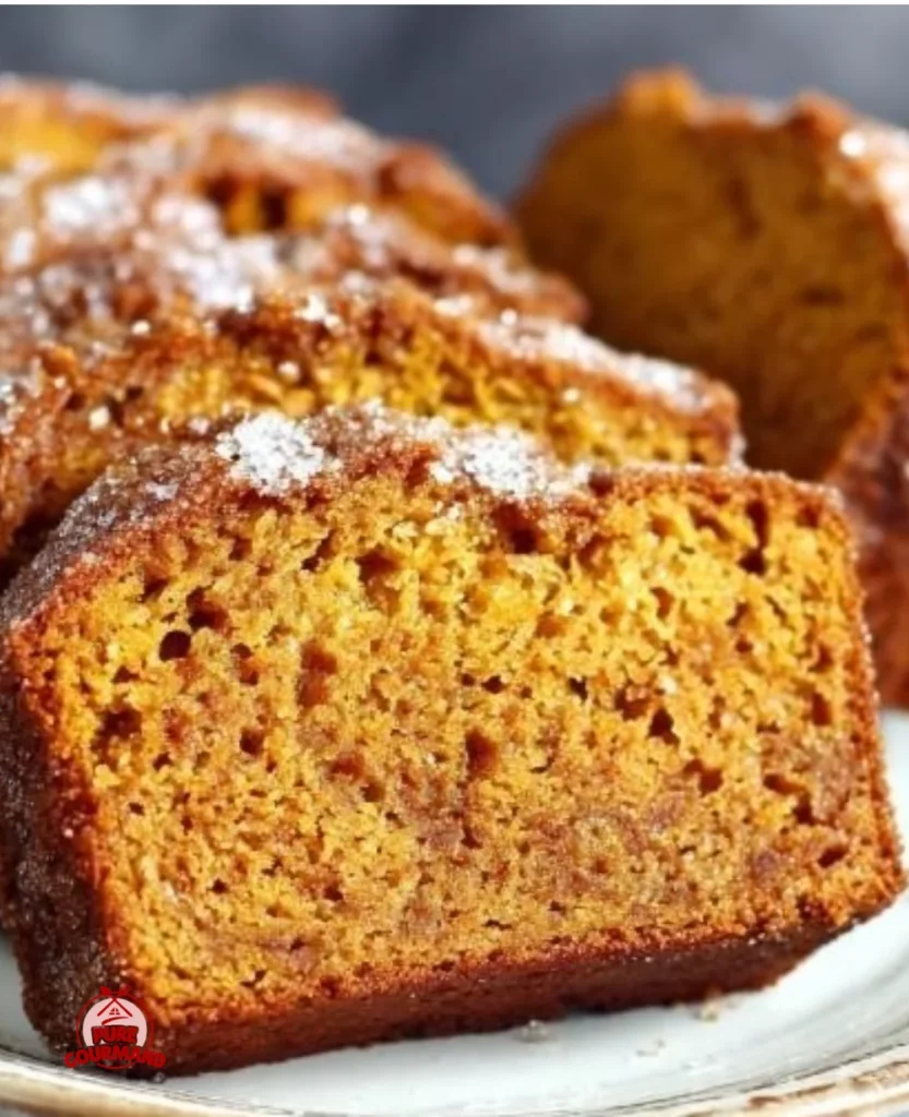 Sliced cinnamon sugar pumpkin bread on a wooden table with autumn leaves.