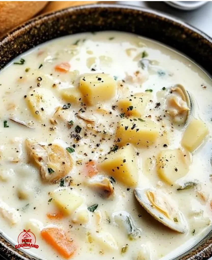 Bowl of creamy clam chowder topped with fresh herbs and served with bread.