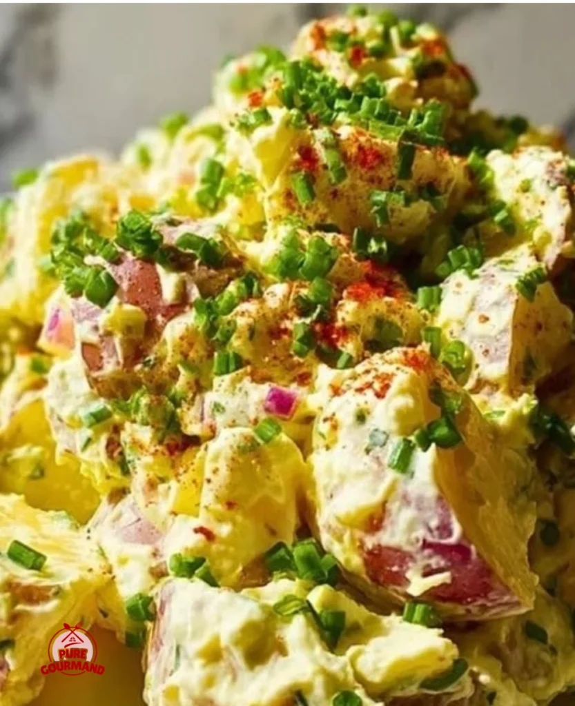 Classic American potato salad served in a bowl with garnish