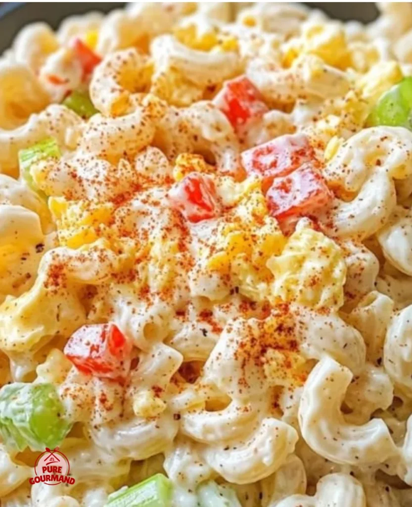 Bowl of classic macaroni salad with creamy dressing and colorful vegetables