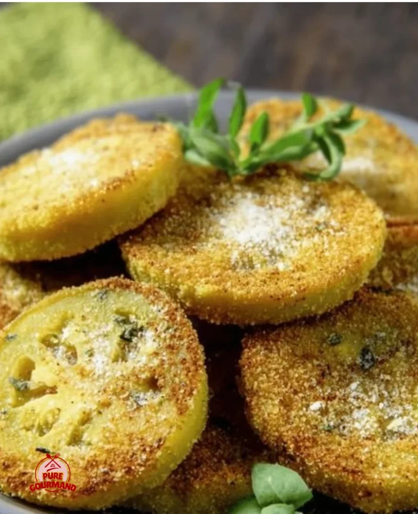 Plate of classic Southern fried green tomatoes served with dipping sauce