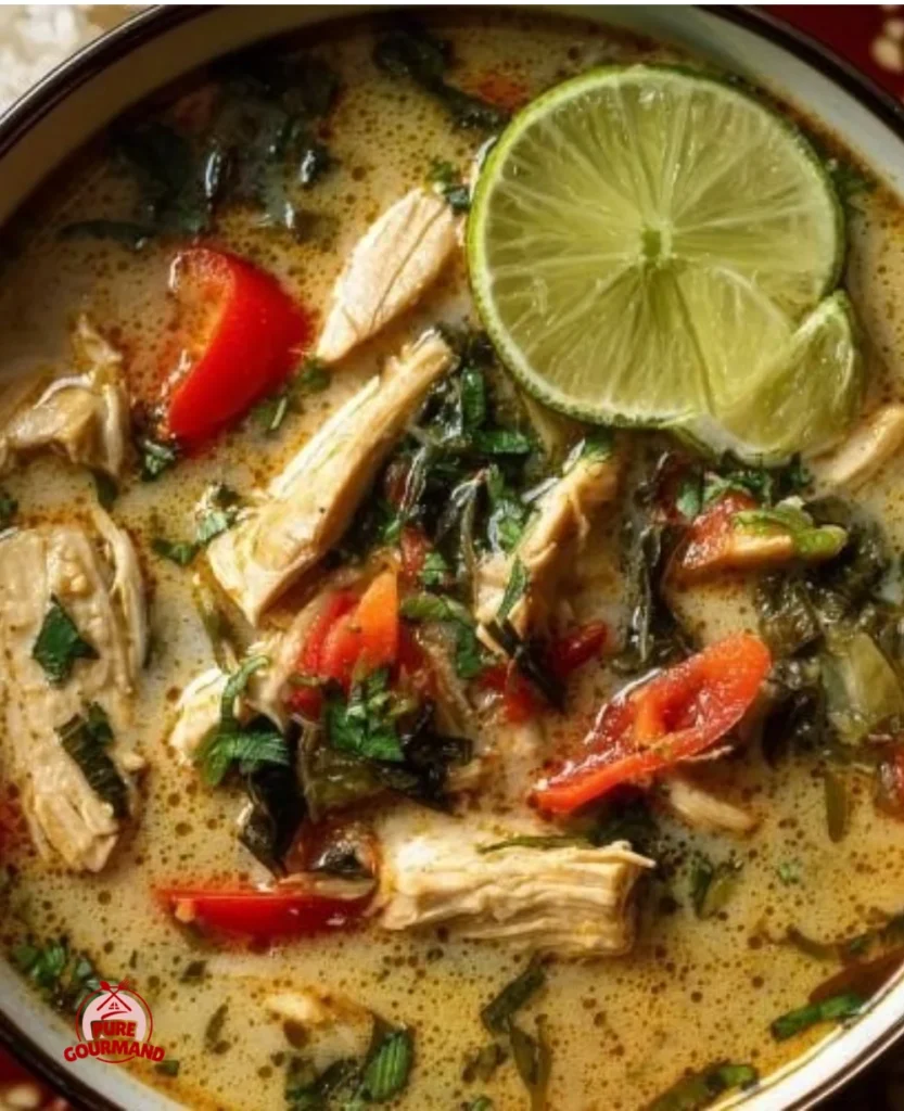 Bowl of delicious Coconut Chicken Soup with fresh herbs and coconut milk
