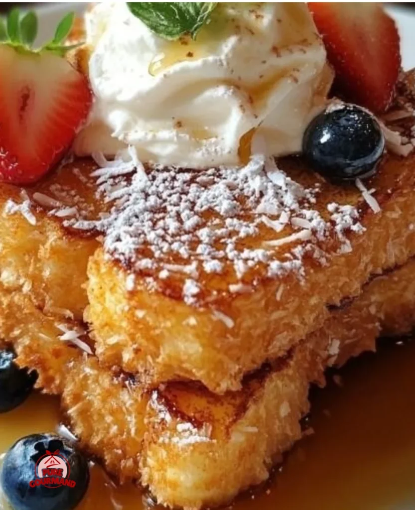 Coconut Crusted French Toast topped with fresh fruit and syrup