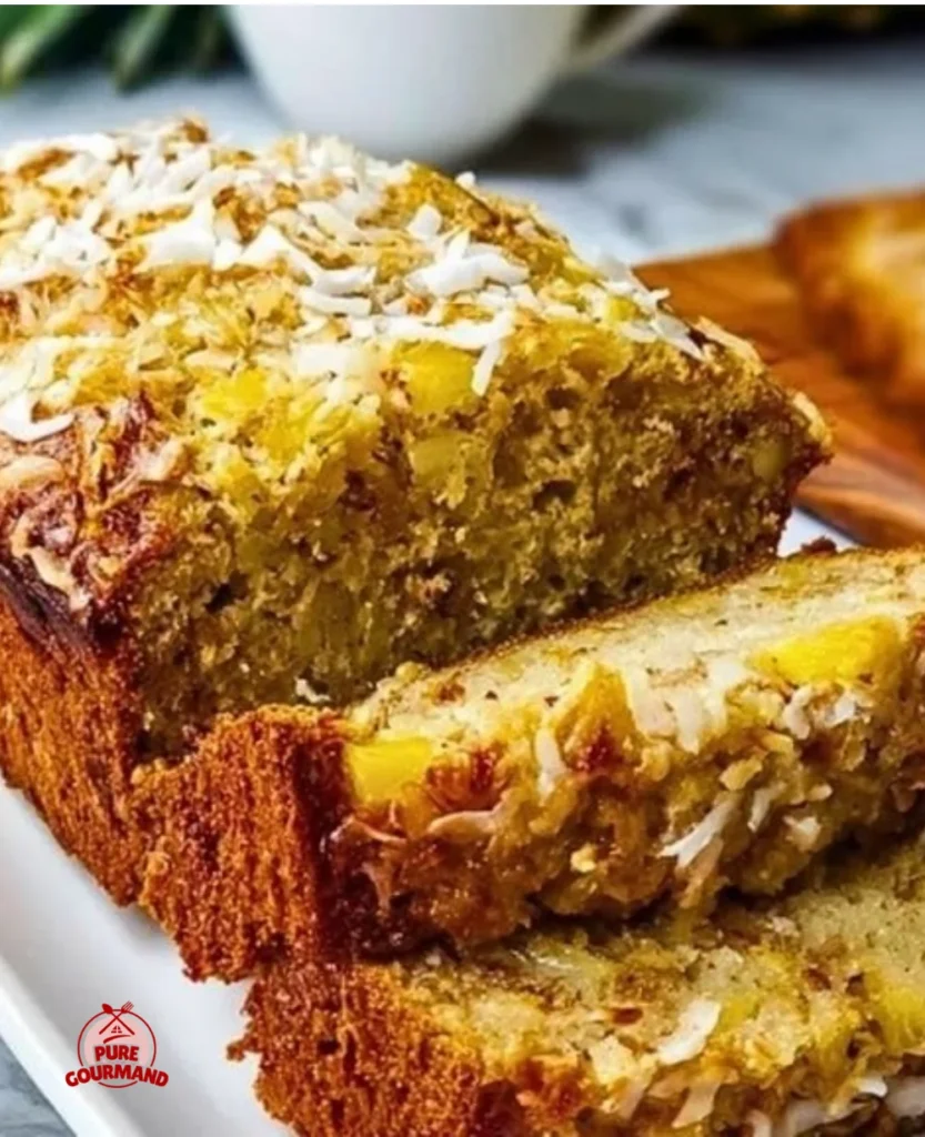 Delicious coconut pineapple banana bread slice on a wooden plate