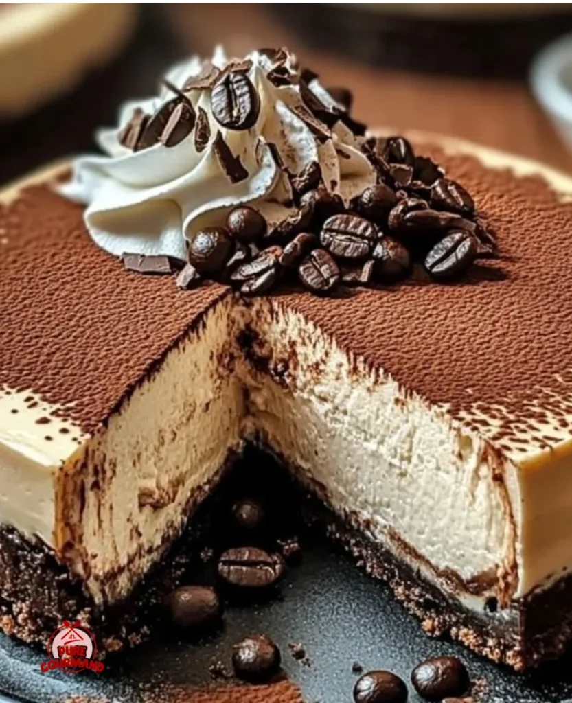 Delicious slice of Coffee Cheesecake topped with coffee beans