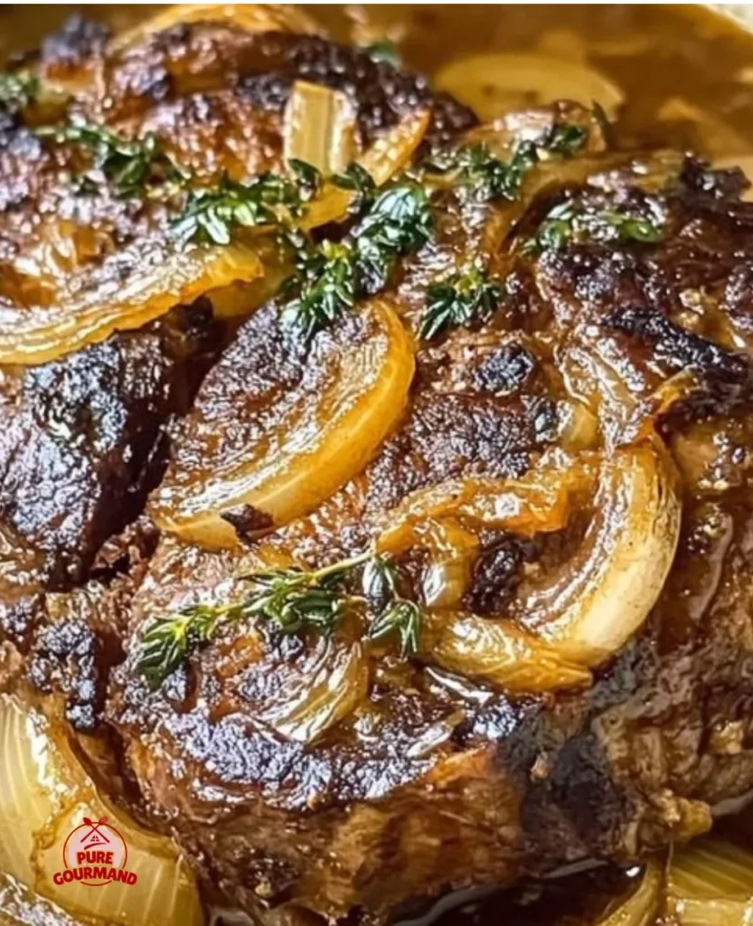 Delicious French onion pot roast served with melted cheese and herbs