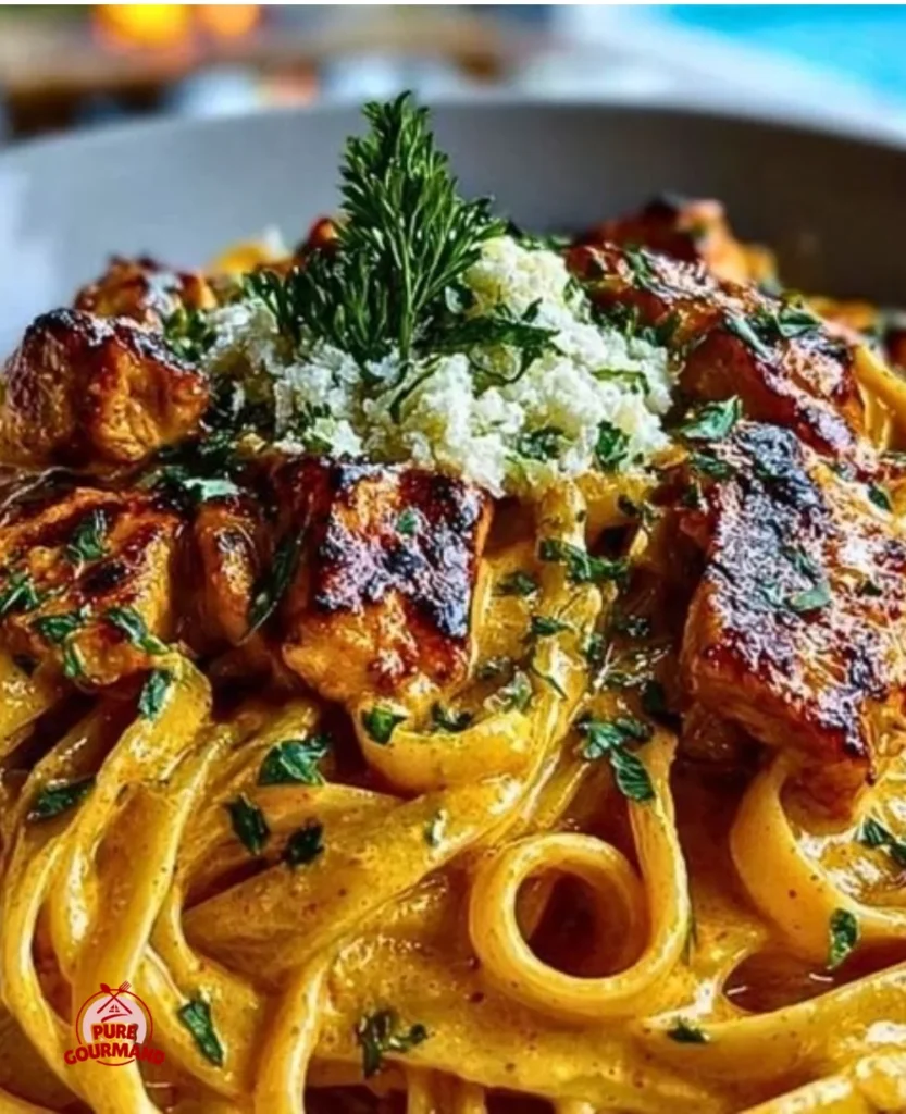 A plate of Cowboy Butter Chicken Linguine topped with herbs