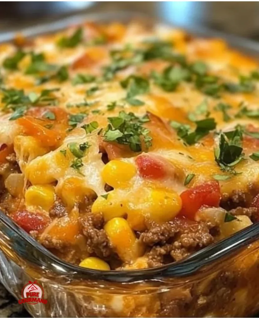 Delicious Cowboy Casserole topped with cheese and crispy bacon.