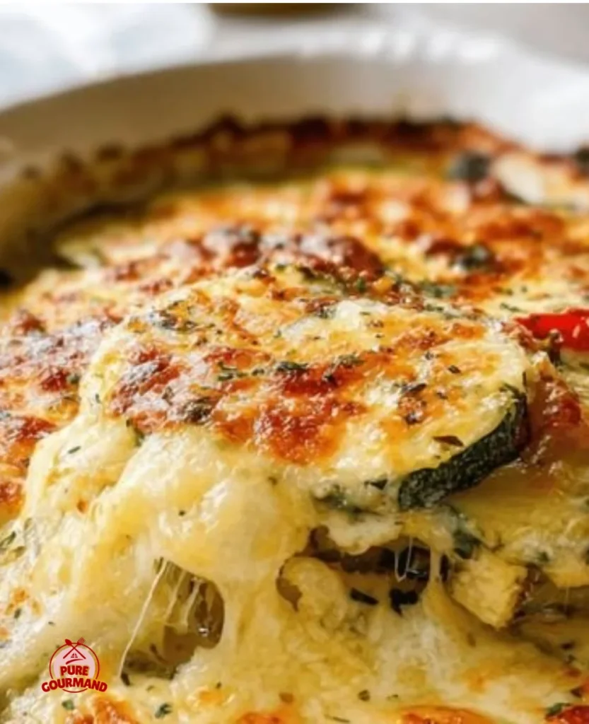 Cozy baked zucchini and cheese casserole served in a dish with fresh herbs