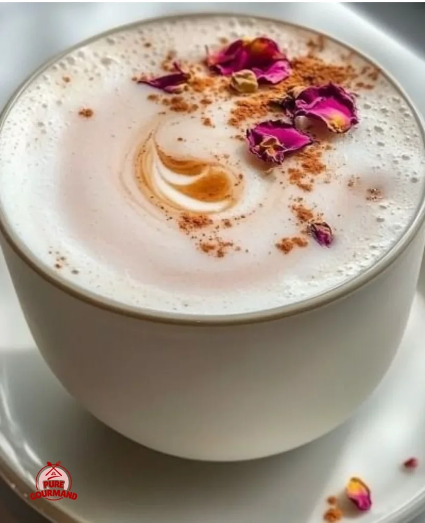 Cozy chamomile rose tea latte served in a cup with floral garnish