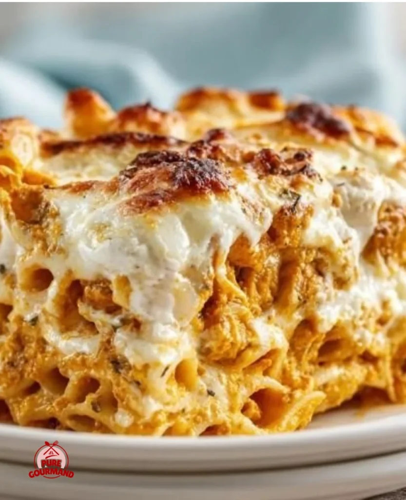 Cozy cheesy pumpkin ricotta pasta bake in a baking dish, topped with herbs.