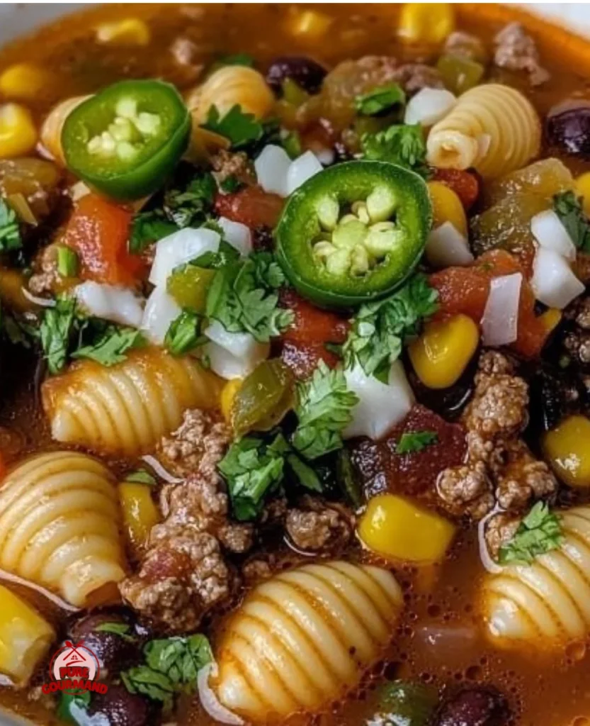 Cozy Mexican shells and beef soup in a hearty comfort bowl