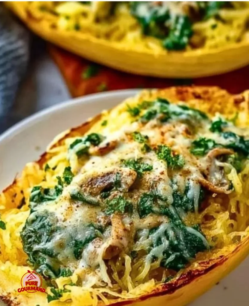 Cozy spaghetti squash dish with spinach and cheese in a rustic bowl.